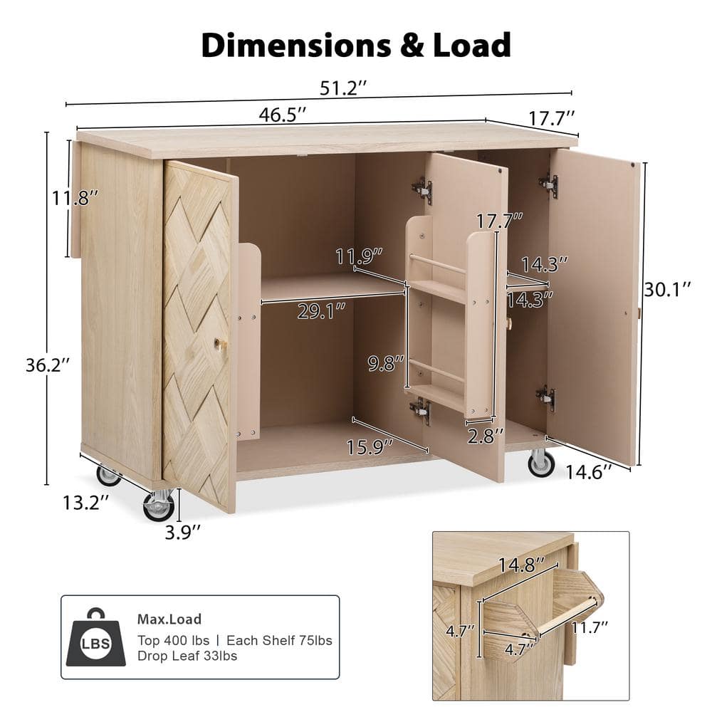 Natural Wood Rectangular Drop Leaf Kitchen Cart with Storage
