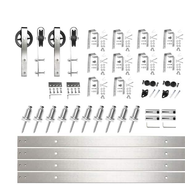 HOMACER 13 ft./156 in. Brushed Nickel Double Track Bypass U-Shape Sliding Barn Door Hardware Kit - Spoke Wheel Design Roller