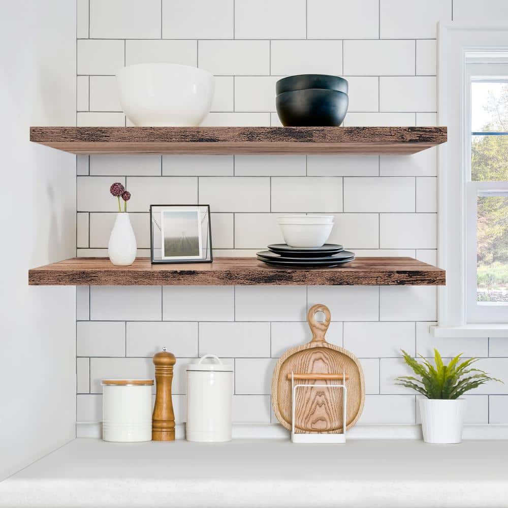 Mahogany 35" Long Floating Shelves with Invisible Mounting, Set of 2