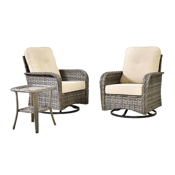 Galene Gray 3-Piece Wicker Outdoor Patio Conversation Swivel Rocking Chair Seating Set with Beige Cushions