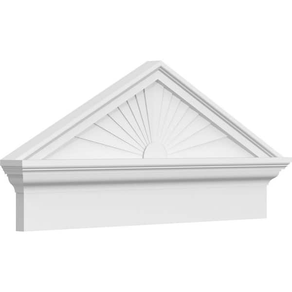 Ekena Millwork 32 in. W x 14-7/8 in. H x 2-3/4 in. P Pitch 6/12 Peaked Cap Sunburst Signature Urethane Combination Pediment, Primed Tan