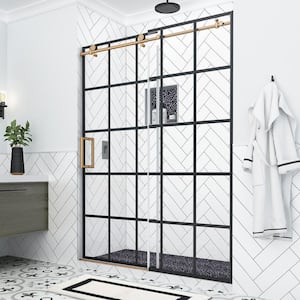 Kamaya XL 56 - 60 in. W x 80 in. H Sliding Frameless Shower Door in Black and Brushed Gold Finish with Clear Glass, Left