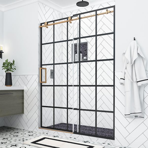 Aston Kamaya XL 60 - 64 in. W x 80 in. H Sliding Frameless Shower Door in Black and Brushed Gold Finish with Clear Glass, Left