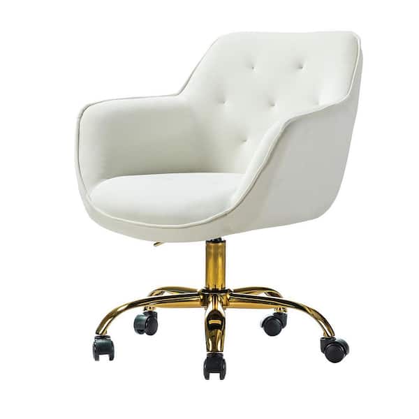 Tatahance Ivory Velvet Fabric Task Chair with Tufted Back and Golden Base