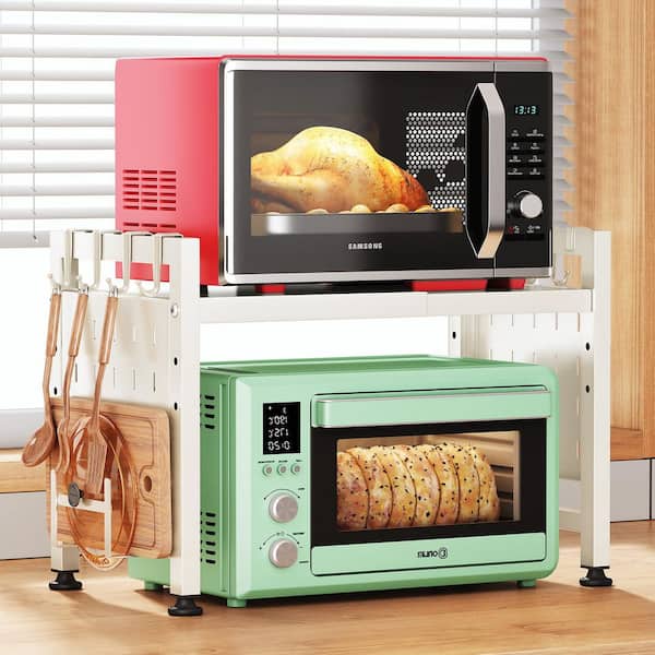 2-Tier White Expandable Heavy Duty Adjustable Shelf with 9 Hooks for Pantry, Countertop, Coffee Bar, Office and Dorm