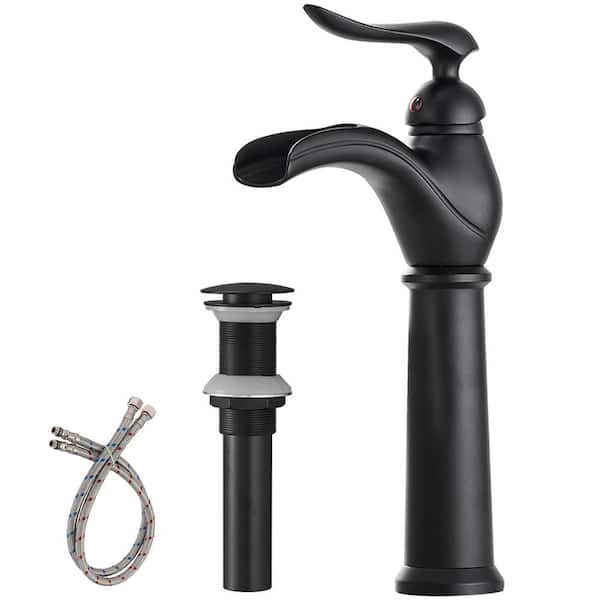 BWE Waterfall Single Hole Single Handle Bathroom Vessel Sink Faucet With Pop Up Drain in Matte Black