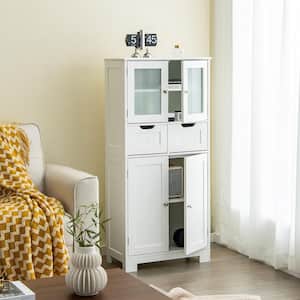 White Bathroom Floor Storage Cabinet Kitchen Cupboard with 2 Drawers and Glass Doors