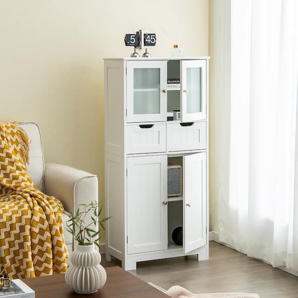 White Bathroom Floor Storage Cabinet Kitchen Cupboard with 2 Drawers and Glass Doors