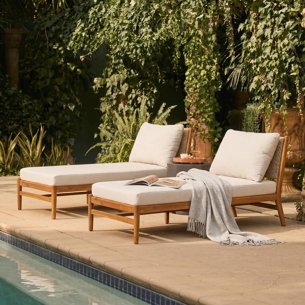 Prita Teak Solid Wood Outdoor Chaise Lounge with Rope Woven and Beige Cushions, Set of 2 price history on PriceWatchPro