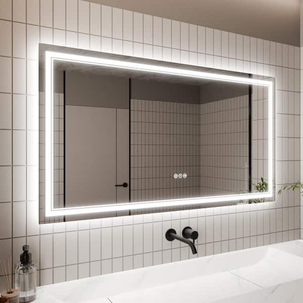 WELLFOR 55 in. W x 30 in. H Rectangular Frameless Wall Mounted Anti-Fog Dimmable LED Bathroom Vanity Mirror
