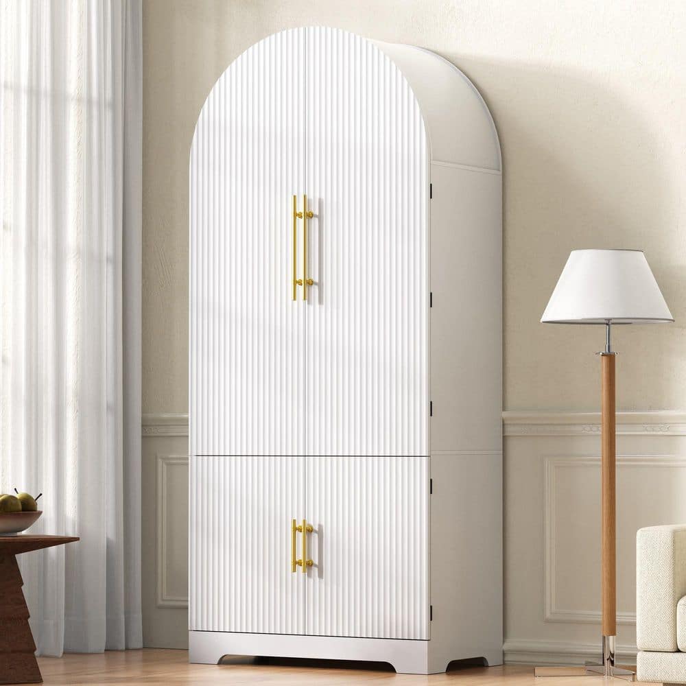 White 72 in. Tall Arched Kitchen Pantry Cabinet Fluted Storage Cabinet with Drawer, 8 Door Shelves