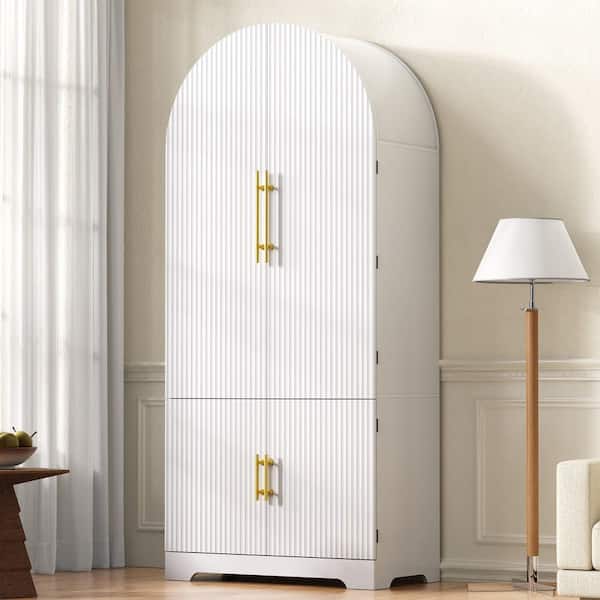 White 72 in. Tall Arched Kitchen Pantry Cabinet Fluted Storage Cabinet with Drawer, 8 Door Shelves