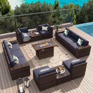 13-Piece Outdoor Rattan Wicker Patio Conversation Set with Fire Pit Table Blue Cushions
