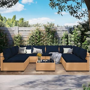 Yellow 9-Piece Wicker Patio Conversation Sofa Set with Navy Blue Cushions