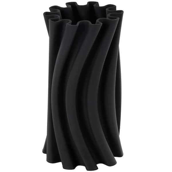Litton Lane Black Curvy Ribbed Ceramic Abstract Decorative Vase with Floral Shaped Rim