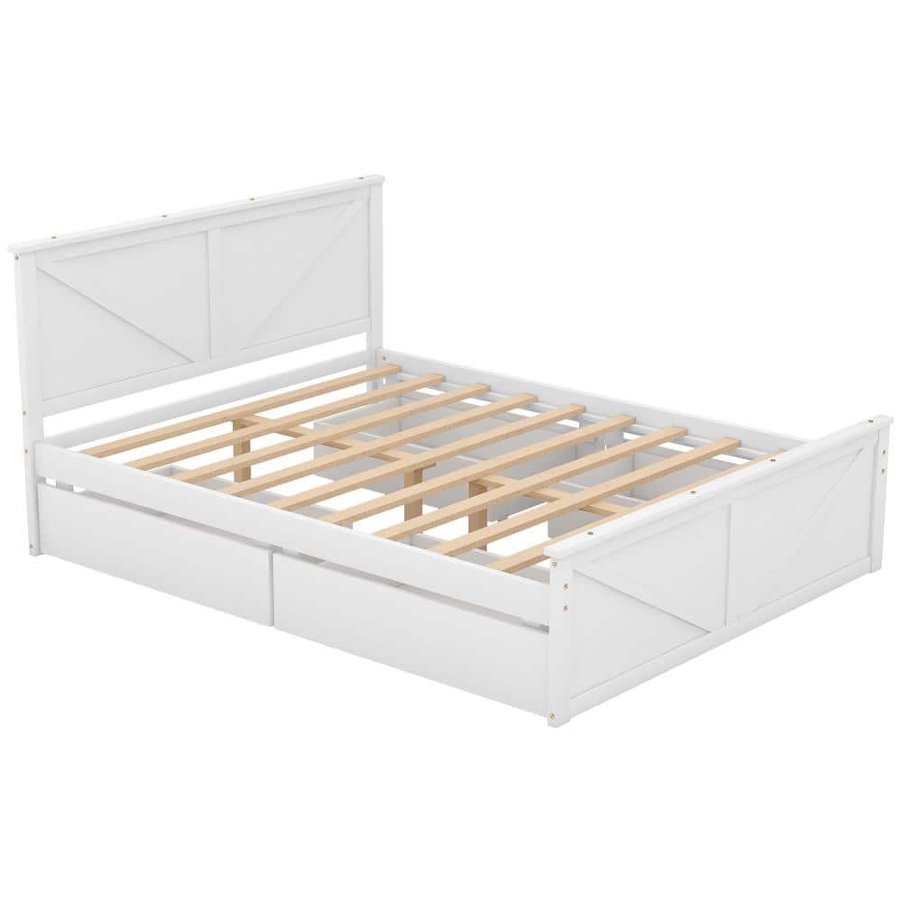 Queen Size White Pine Platform Bed with Storage Drawers