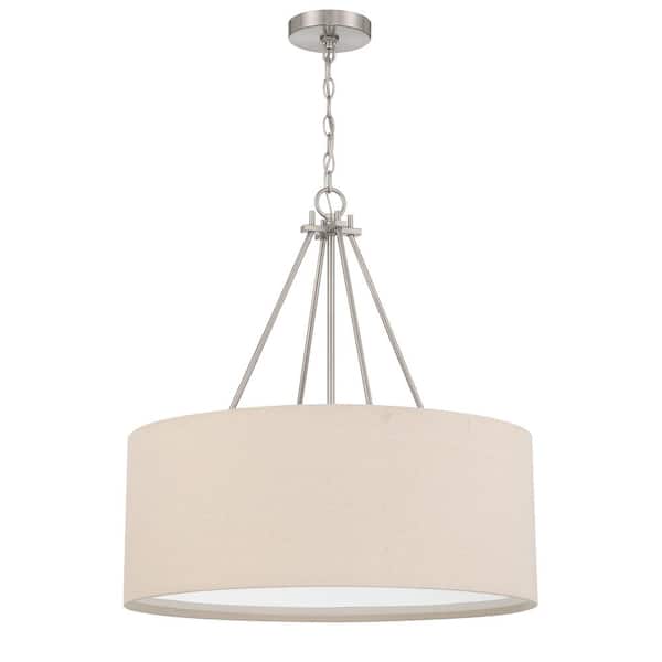 Duke 60-Watt 3-Light Brushed Nickel Finish Dining/Kitchen Island Pendant w/ Beige Fabric Shade, No Bulbs Included