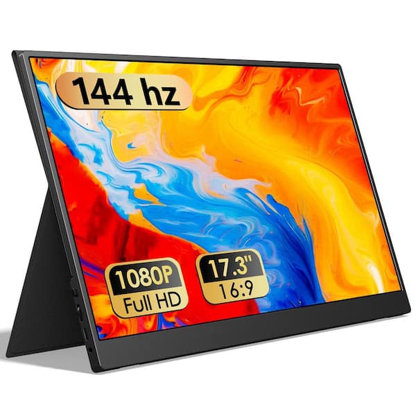 A portable 17.3" FHD gaming monitor with 144Hz, USB-C/HDMI, IPS HDR, smart cover, and built-in speakers