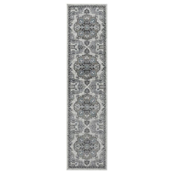 Alexandria 3 x 10 Ivory/Stone Gray Medallion Pattern Runner Rug for High Traffic Entryway Kitchen Hallway