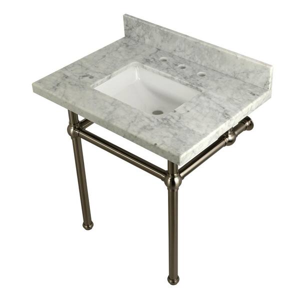 Kingston Brass Square-Sink Washstand 30 in. Console Table in Carrara with Metal Legs in Brushed Nickel