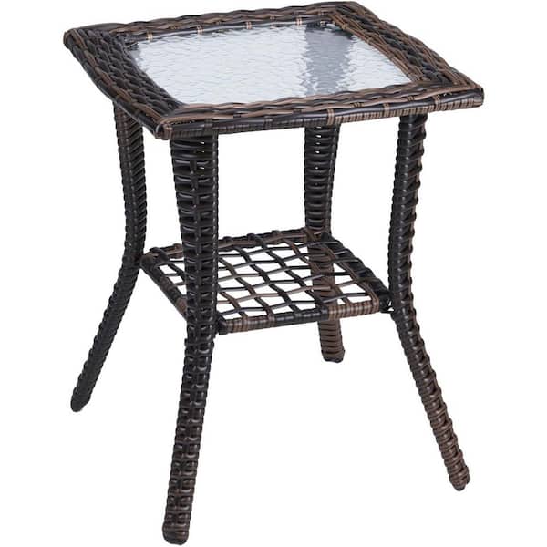 FAWEY TRED INC Outdoor Side Table Brown Square with Storage Wicker Patio Side Table, Tempered Glass Top End Table