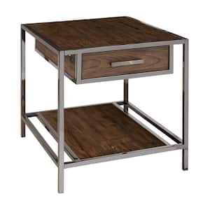 Modern Industrial Style Chocolate Brown Wood and Smoked Metal End Table