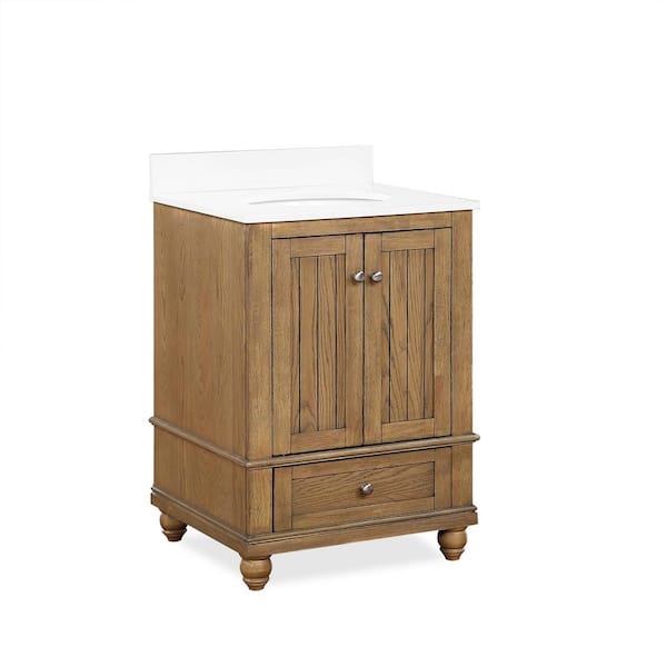 null Tehila 24 in. Natural Rustic Bathroom Vanity w/ White Composite Granite Vanity Top, White Ceramic Oval Sink & Backsplash