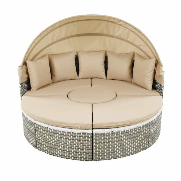 Patio Furniture Metal Outdoor Sectional Set with Retractable Canopy, Separate Seating, and Removable Cushions-Teak