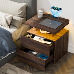 Modern Walnut 2-Drawer 22.8 in. H x 19.7 in. W x 15.8 in. D Nightstand with Smart RGB LED Light Strip
