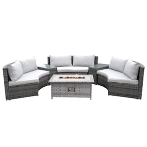 Hermione Half Moon Black 6-Piece Wicker Outdoor Sectional Set with Gray Cushions and Fire Pit Table