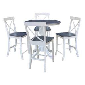 Set of 5-pcs - White/Heather Gray 36 in Solid Wood Counter-Height Pedestal Table and 4-Stools