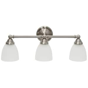 25 in. Brushed Nickel Classic 3-Light Metal Bar and Frosted Cone Shape Glass Shades Decorative Wall Mounted Vanity