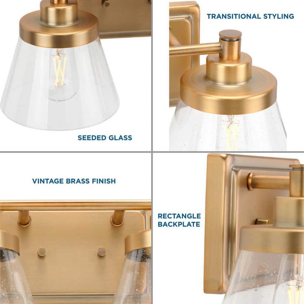 Hinton 2-Light Vintage Brass Bath Vanity with Clear Glass Shades