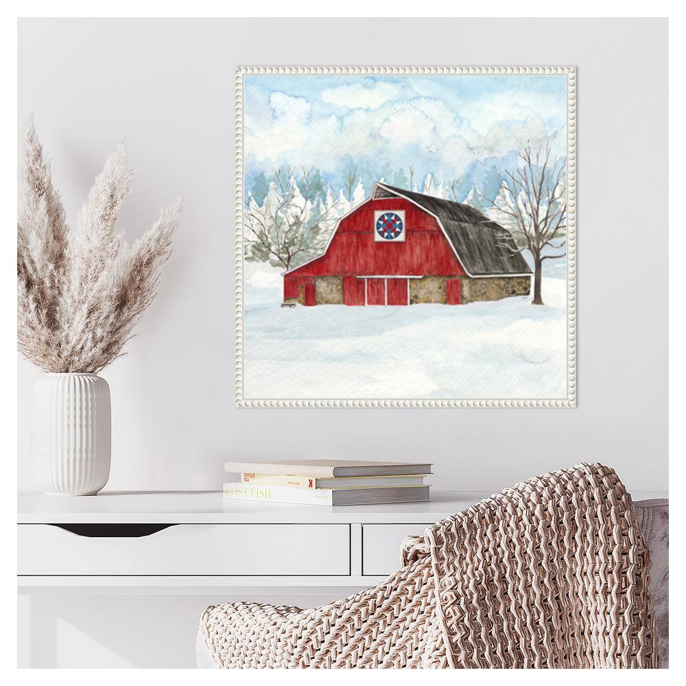 Winter Barn Quilt IV Red Barn Scenic Canvas Wall Art