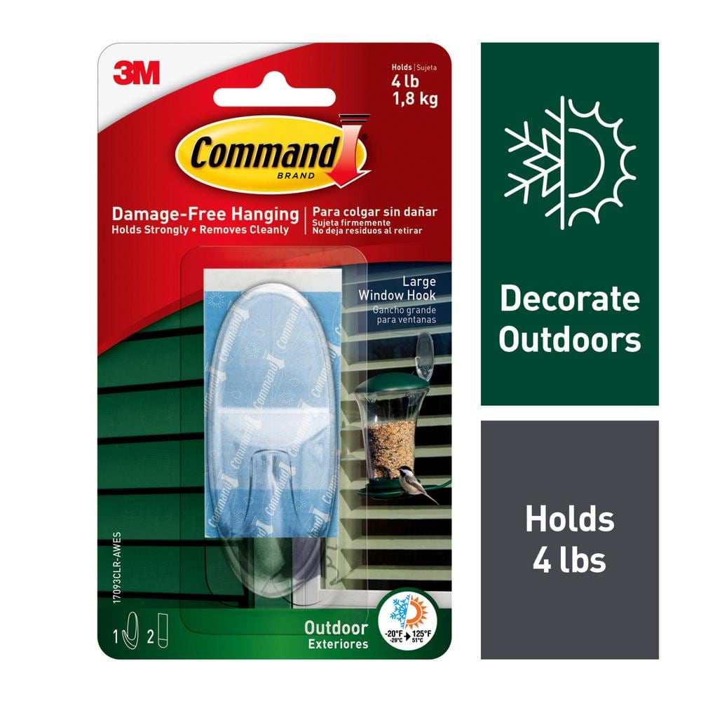 Command 4 lb. Large Clear Outdoor Window Hook (1 Hook, 2 Water Resistant  Strips) 17093CLR-AW - The Home Depot