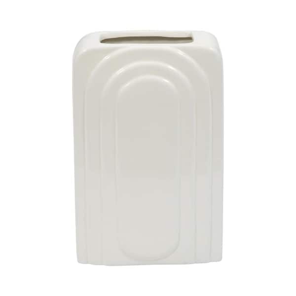 Liv & Skye 7 in. Pearl White Stoneware Geometric Decorative Vase with Etched Arch