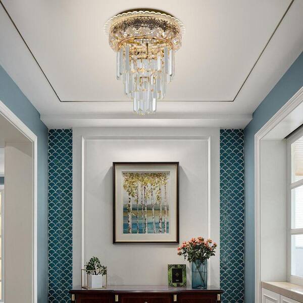 OUKANING 9.84 in. Gold Modern Crystal Selectable LED Semi-Flush