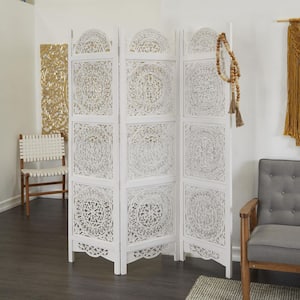 6 ft. White 3 Panel Floral Hinged Foldable Partition Room Divider Screen with Intricately Carved Designs