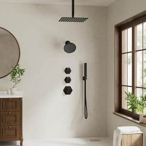 Thermostatic Valve 5-Spray 12 and 6 in. Shower Faucet with 2-Function Handheld Shower in Matte Black