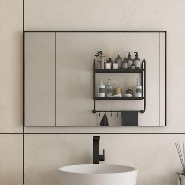 48 in. W x 32 in. H Rectangular Aluminum Framed Wall Bathroom Vanity Mirror in Black