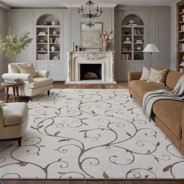 8 ft. x 10 ft. Beige Vine Lines Washable Microfleece Vine Area Rug