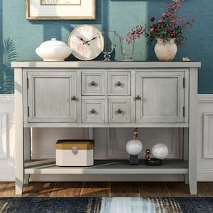 46 in. Antique Gray Rectangle Wood Console Sofa Table Buffet Sideboard with 4-Storage Drawers 2-Cabinets and Shelf