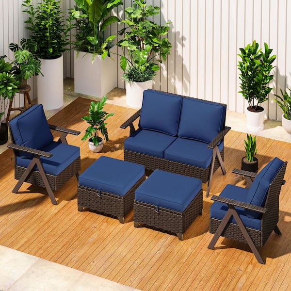 JOYSIDE R-Shaped Armrest 5-Piece Wicker Outdoor Patio Conversation Set Loveseat and Ottomans with Blue Cushions