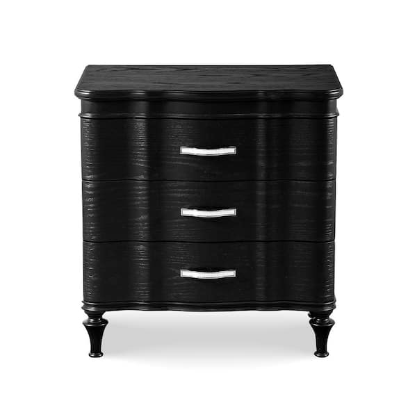 Seabliss Glam Black 3 Drawer 27 in. W Serpentine Nightstand