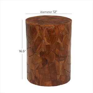 12 in. Brown Handmade Medium Round Wood End Accent Table with Mosaic Wood Chip Design
