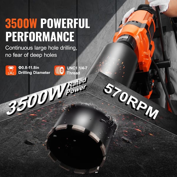 Core Drill Machine, 0.8-11.8 in. Drilling Diameter Diamond Core Drill Rig with Stand and Core Drill Bit 3500-Watt Rugged
