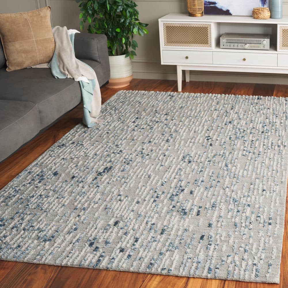 Blue and Gray Abstract Handmade Tufted Wool Rug, 4' x 6'