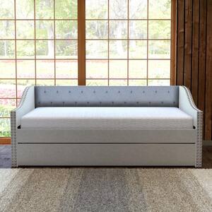 Manchester Twin Size Daybed with Wheeled Trundle, Off White Linen, with Tufted Upholstery and Nailhead Trim