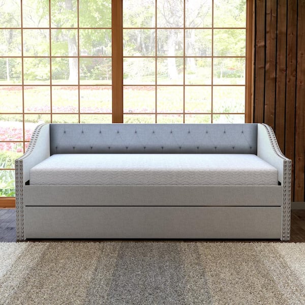 Manchester Twin Size Daybed with Wheeled Trundle, Off White Linen, with Tufted Upholstery and Nailhead Trim