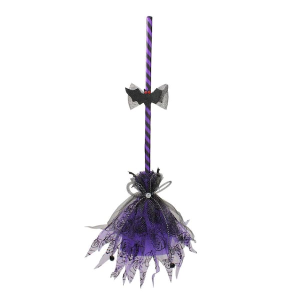 Striped Animated Witches Halloween Broom Decoration-29 "-Purple and Black